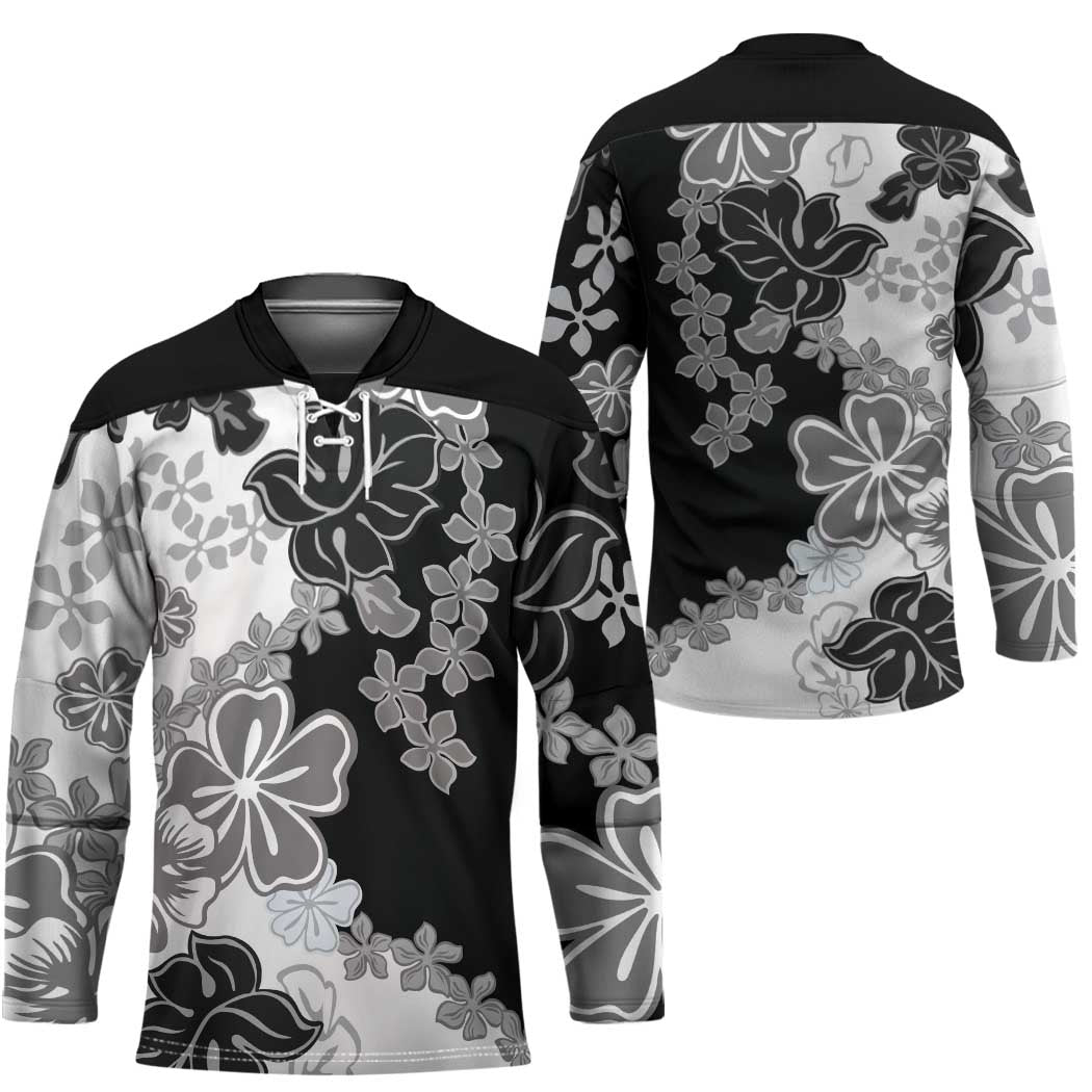 Gray Scale Hibiscus Plumeria Floral Hockey Jersey - Polynesian Pride