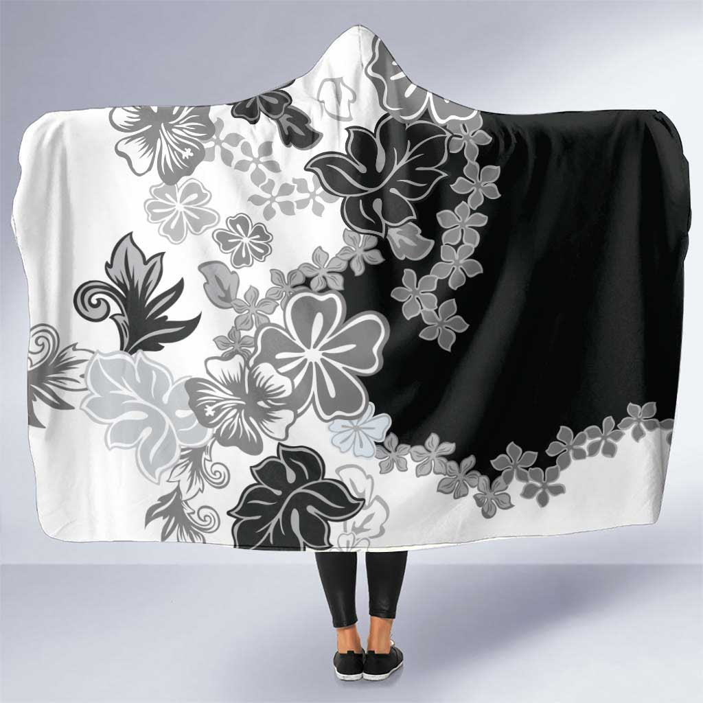 Gray Scale Hibiscus Plumeria Floral Hooded Blanket LT01 One Size Black - Polynesian Pride