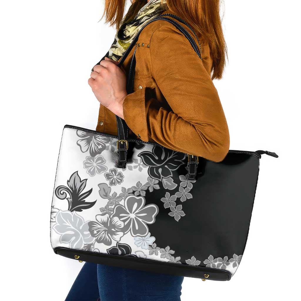 Gray Scale Hibiscus Plumeria Floral Leather Tote Bag LT01 Black - Polynesian Pride