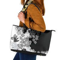 Gray Scale Hibiscus Plumeria Floral Leather Tote Bag LT01 Black - Polynesian Pride