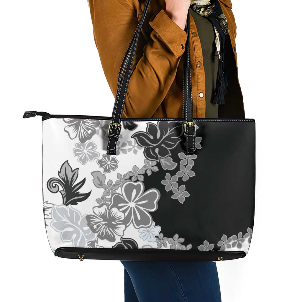 Gray Scale Hibiscus Plumeria Floral Leather Tote Bag LT01 - Polynesian Pride