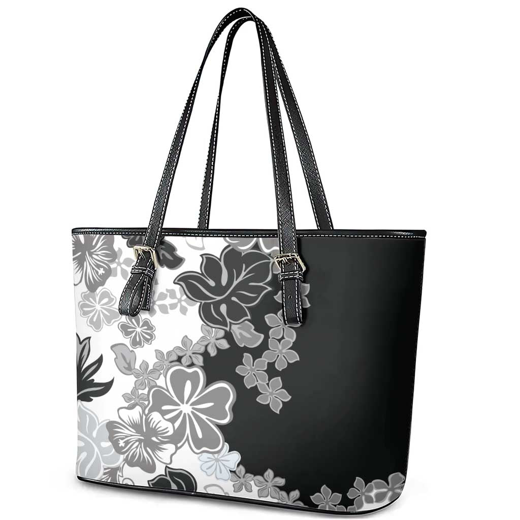 Gray Scale Hibiscus Plumeria Floral Leather Tote Bag LT01 - Polynesian Pride