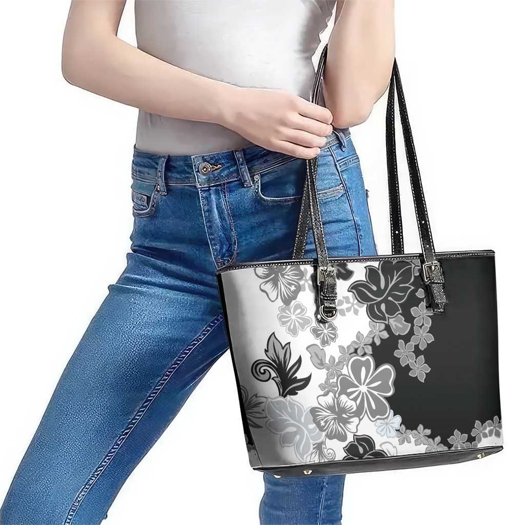 Gray Scale Hibiscus Plumeria Floral Leather Tote Bag LT01 - Polynesian Pride