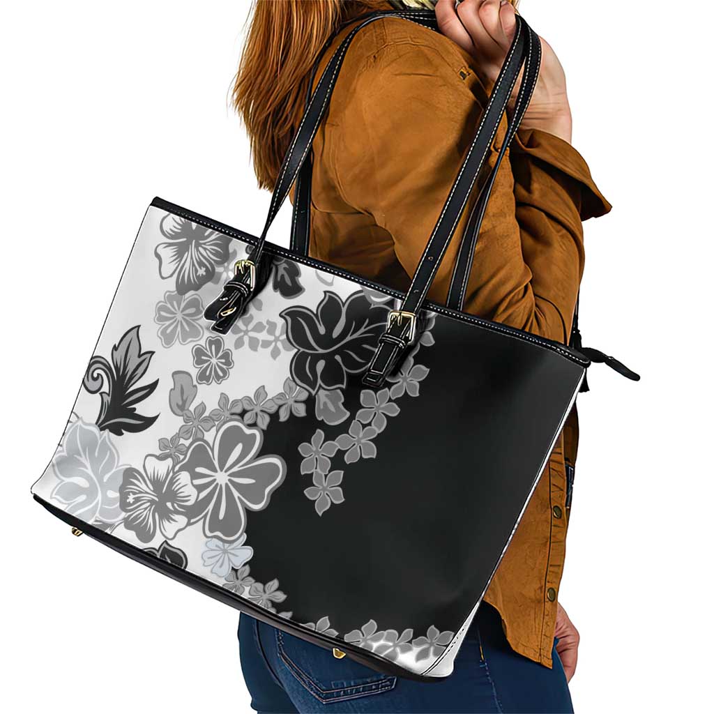 Gray Scale Hibiscus Plumeria Floral Leather Tote Bag LT01 - Polynesian Pride