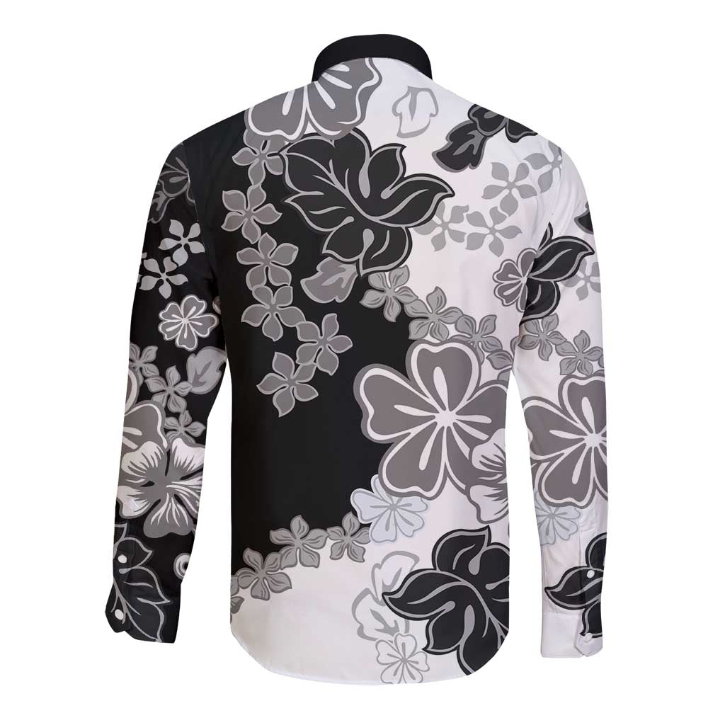 Gray Scale Hibiscus Plumeria Floral Long Sleeve Button Shirt - Polynesian Pride