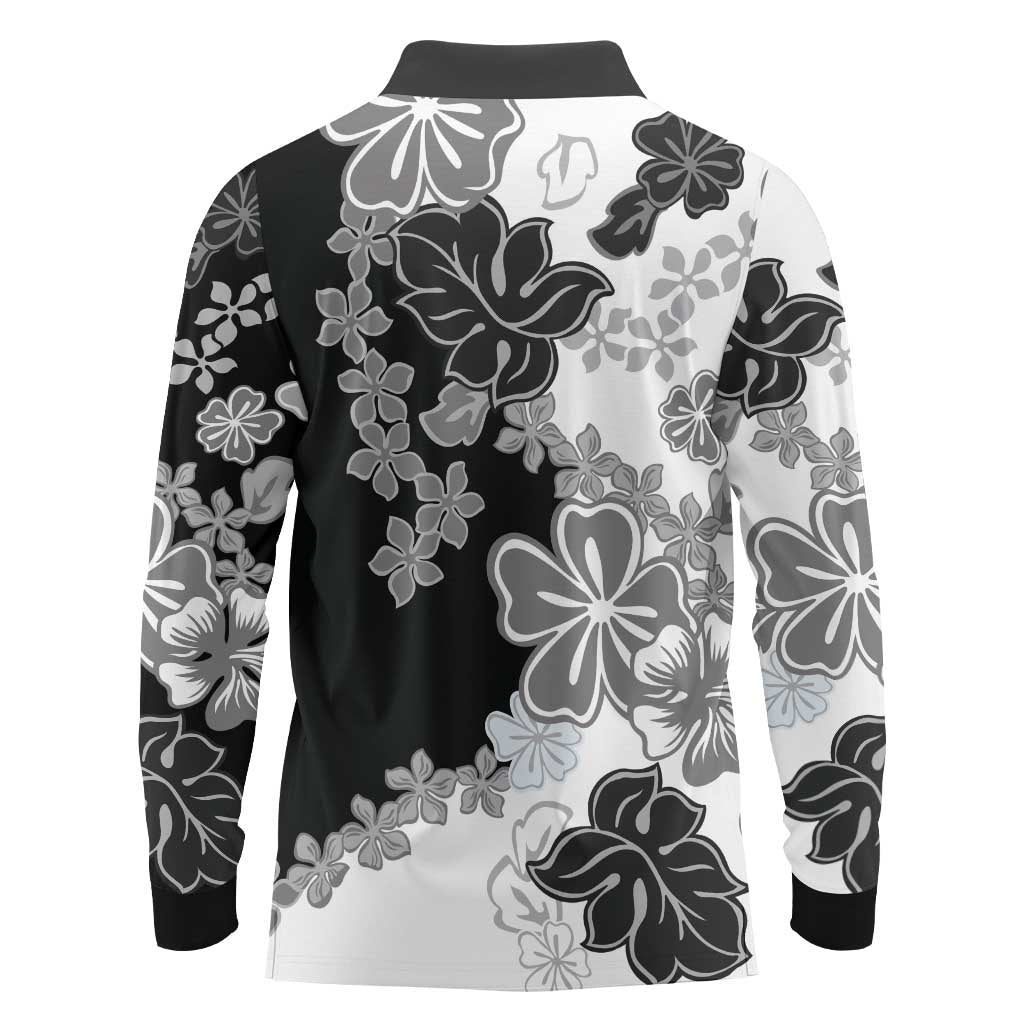 Gray Scale Hibiscus Plumeria Floral Long Sleeve Polo Shirt - Polynesian Pride