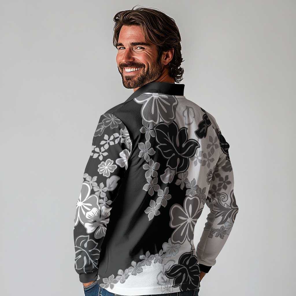 Gray Scale Hibiscus Plumeria Floral Long Sleeve Polo Shirt - Polynesian Pride