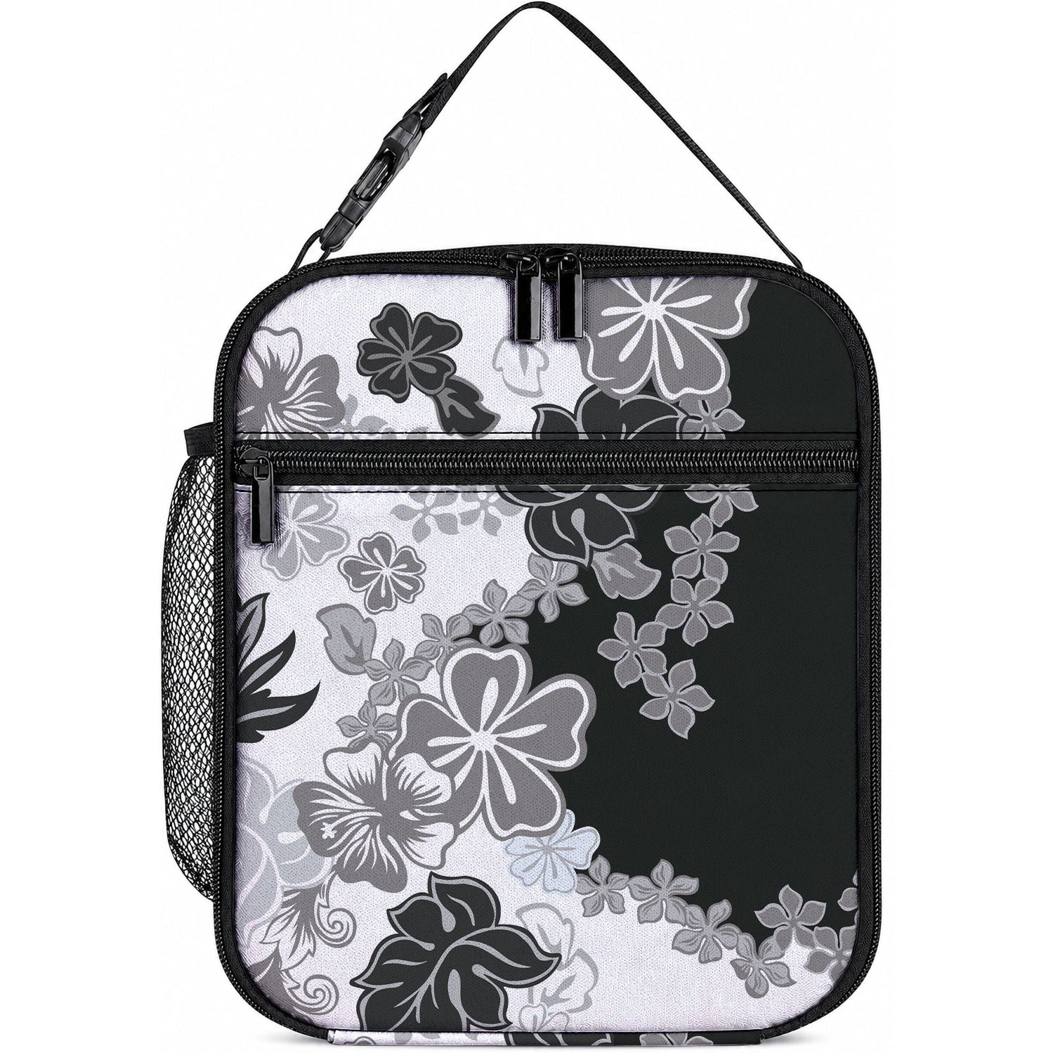 Gray Scale Hibiscus Plumeria Floral Lunch Bag LT01 10.2 × 8.3 × 4.3 inch Black - Polynesian Pride