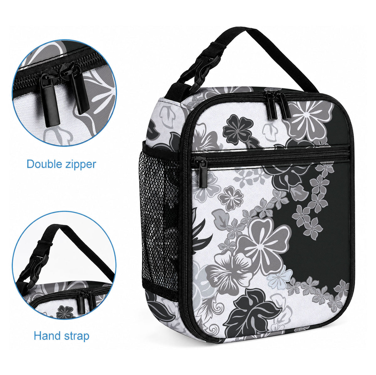 Gray Scale Hibiscus Plumeria Floral Lunch Bag