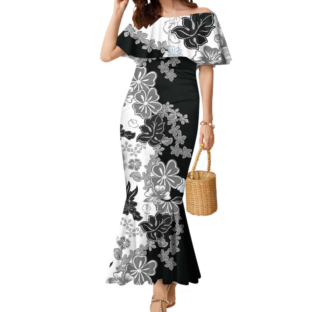 Gray Scale Hibiscus Plumeria Floral Mermaid Dress - Polynesian Pride