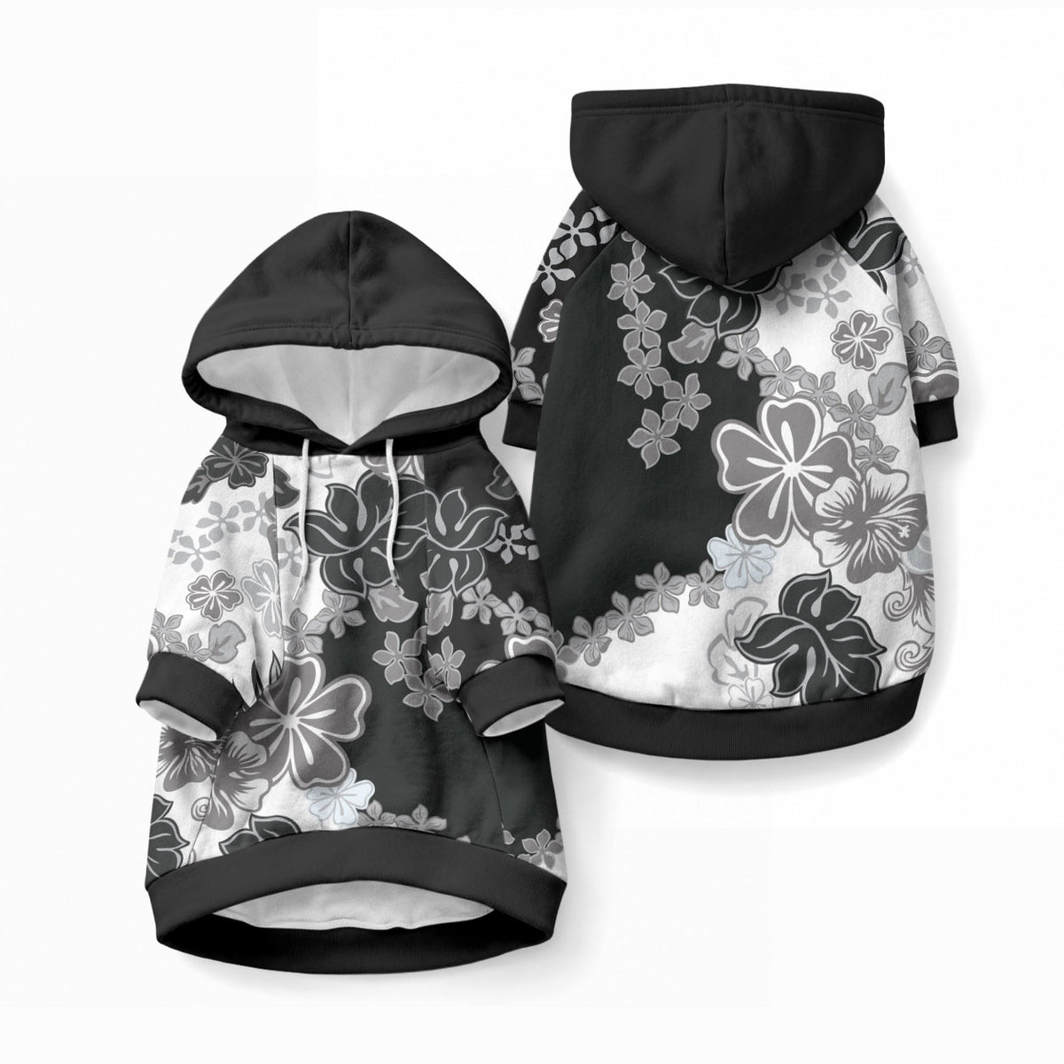 Gray Scale Hibiscus Plumeria Floral Pet Hoodie LT01 Pullover Black - Polynesian Pride