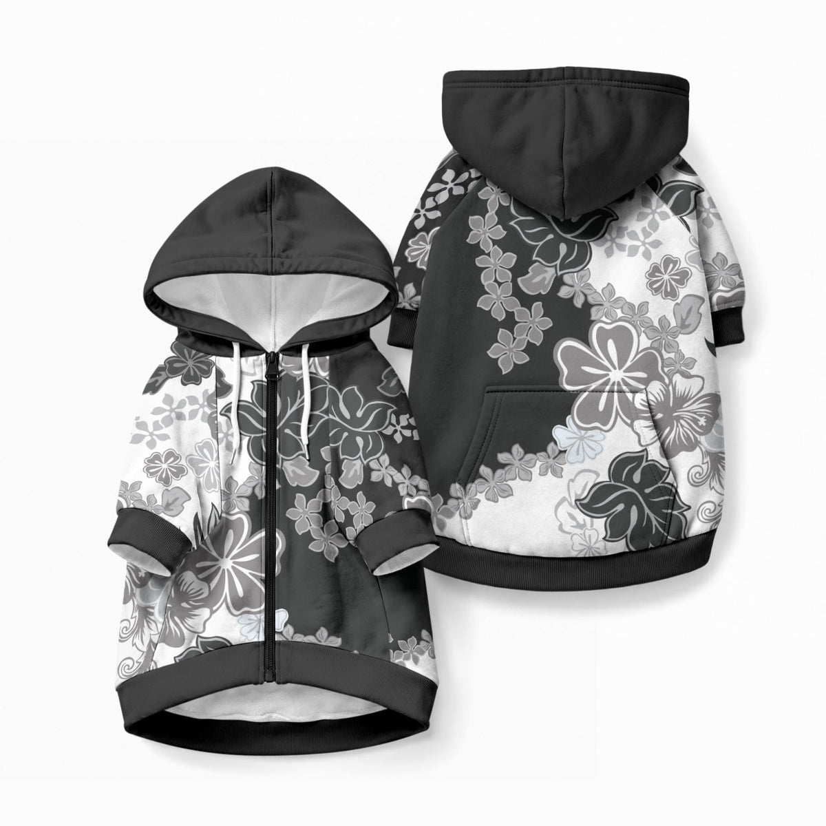 Gray Scale Hibiscus Plumeria Floral Pet Hoodie LT01 Zip-up Black - Polynesian Pride