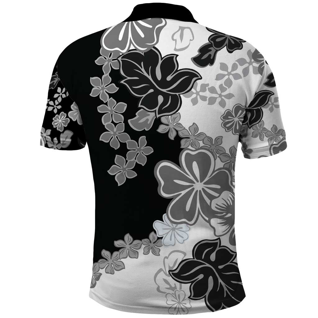 Gray Scale Hibiscus Plumeria Floral Polo Shirt - Polynesian Pride