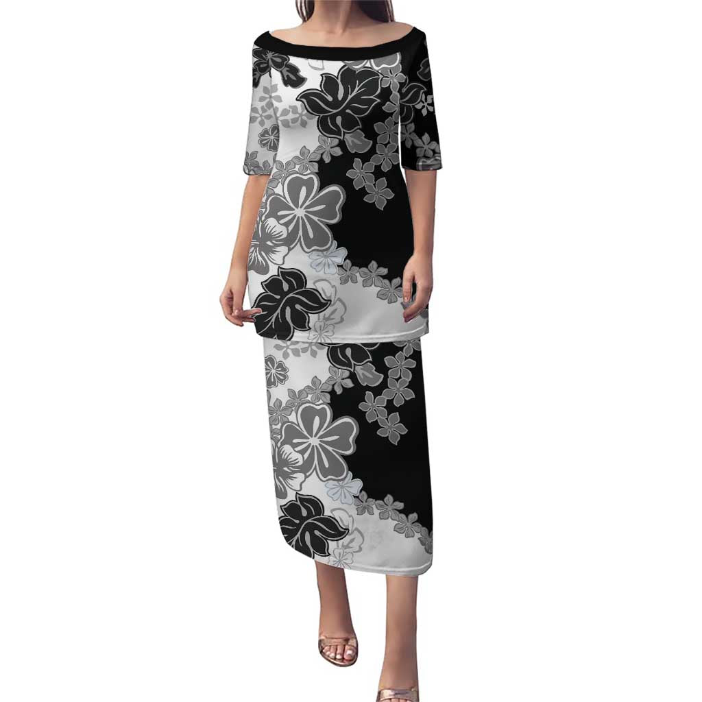 Gray Scale Hibiscus Plumeria Floral Puletasi LT01 Long Dress Black - Polynesian Pride