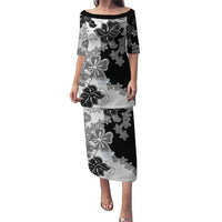 Gray Scale Hibiscus Plumeria Floral Puletasi LT01 Long Dress Black - Polynesian Pride