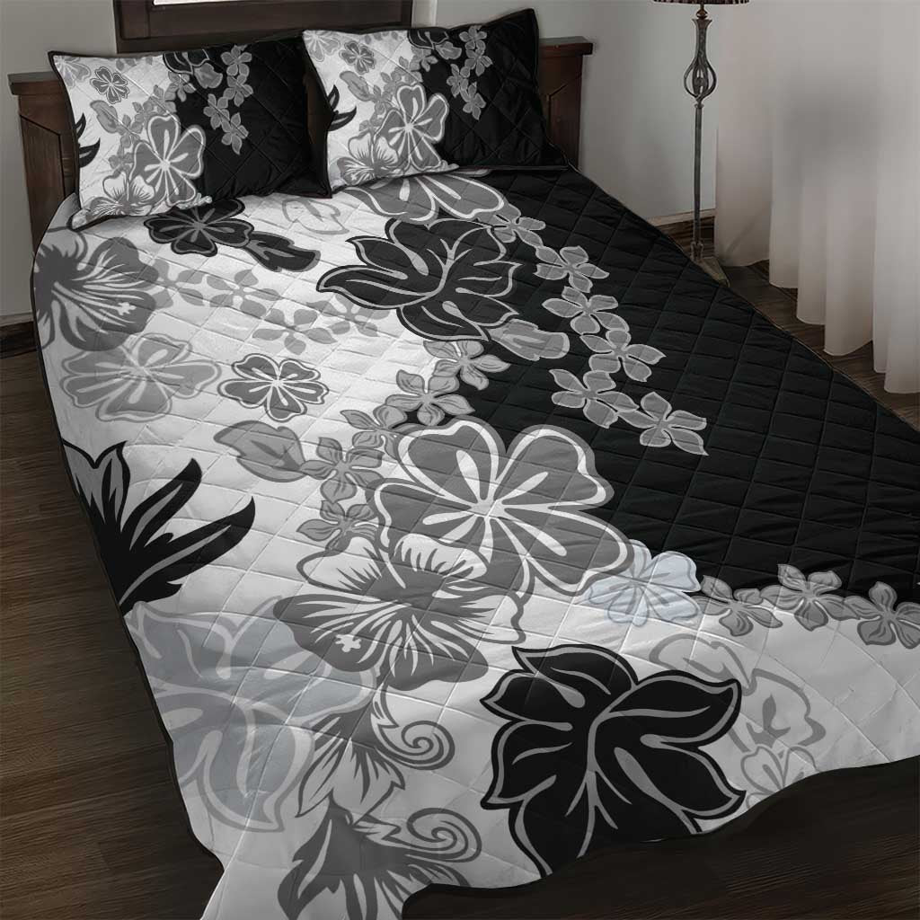 Gray Scale Hibiscus Plumeria Floral Quilt Bed Set - Polynesian Pride