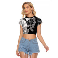 Gray Scale Hibiscus Plumeria Floral Raglan Cropped T Shirt - Polynesian Pride