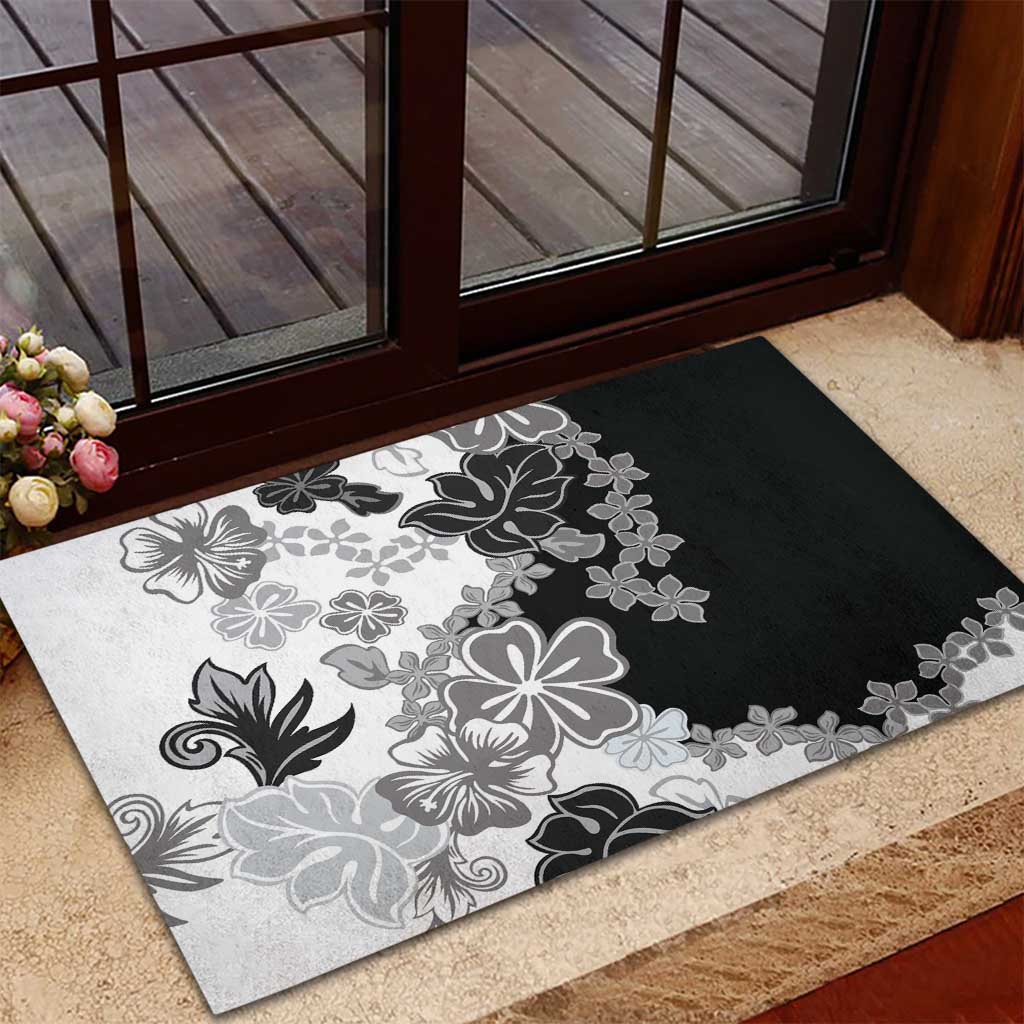 Gray Scale Hibiscus Plumeria Floral Rubber Doormat - Polynesian Pride