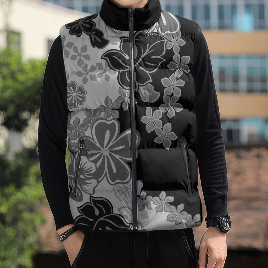 Gray Scale Hibiscus Plumeria Floral Sleeveless Puffer Jacket - Polynesian Pride
