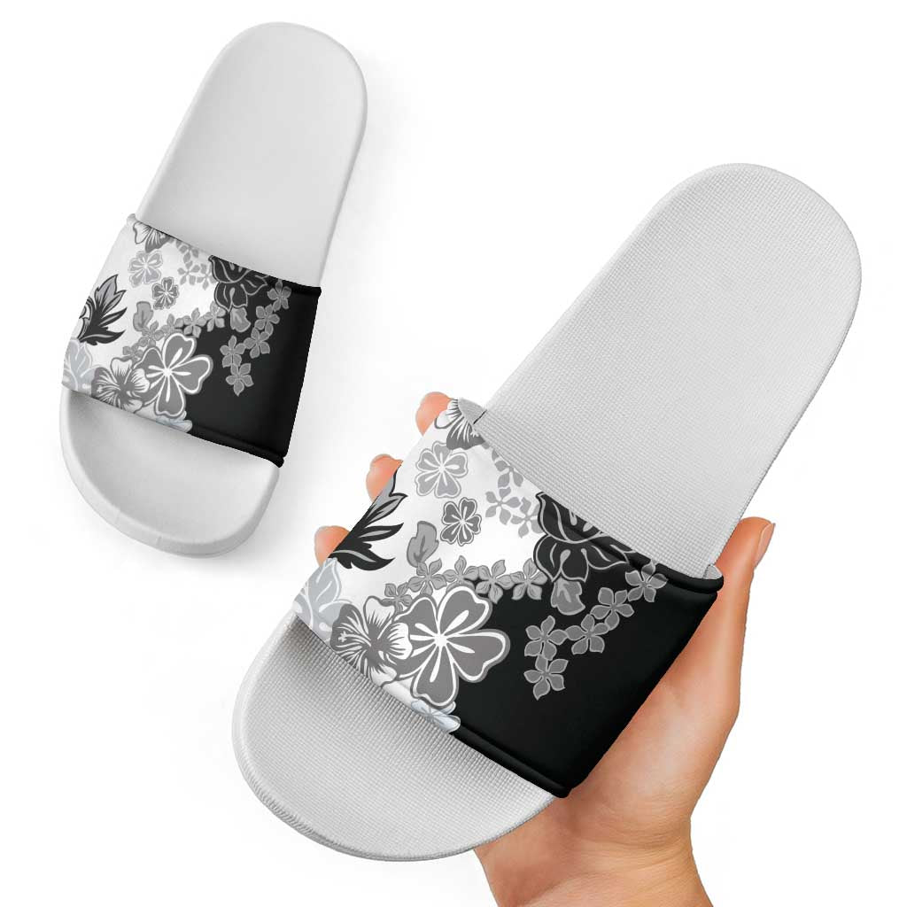 Gray Scale Hibiscus Plumeria Floral Slide Sandals - Polynesian Pride