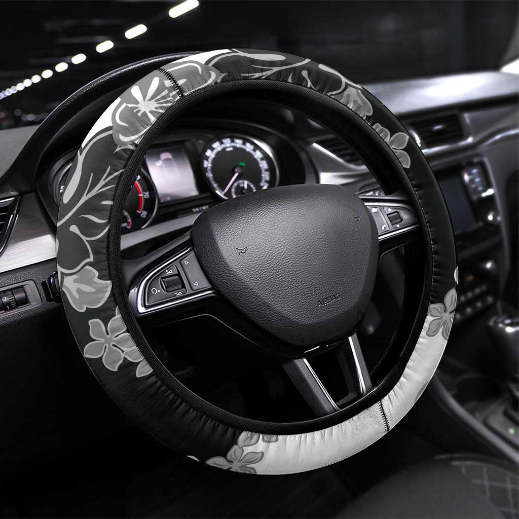 Gray Scale Hibiscus Plumeria Floral Steering Wheel Cover - Polynesian Pride