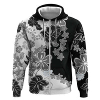 Gray Scale Hibiscus Plumeria Floral Zip Hoodie LT01 Zip Hoodie Black - Polynesian Pride