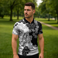 Gray Scale Hibiscus Plumeria Floral Zipper Polo Shirt - Polynesian Pride