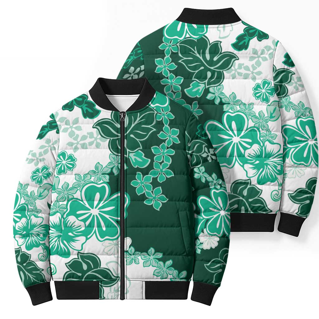 Green Hibiscus Plumeria Floral Bomber Puffer Jacket - Polynesian Pride