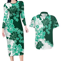 Green Hibiscus Plumeria Floral Couples Matching Long Sleeve Bodycon Dress and Hawaiian Shirt - Polynesian Pride