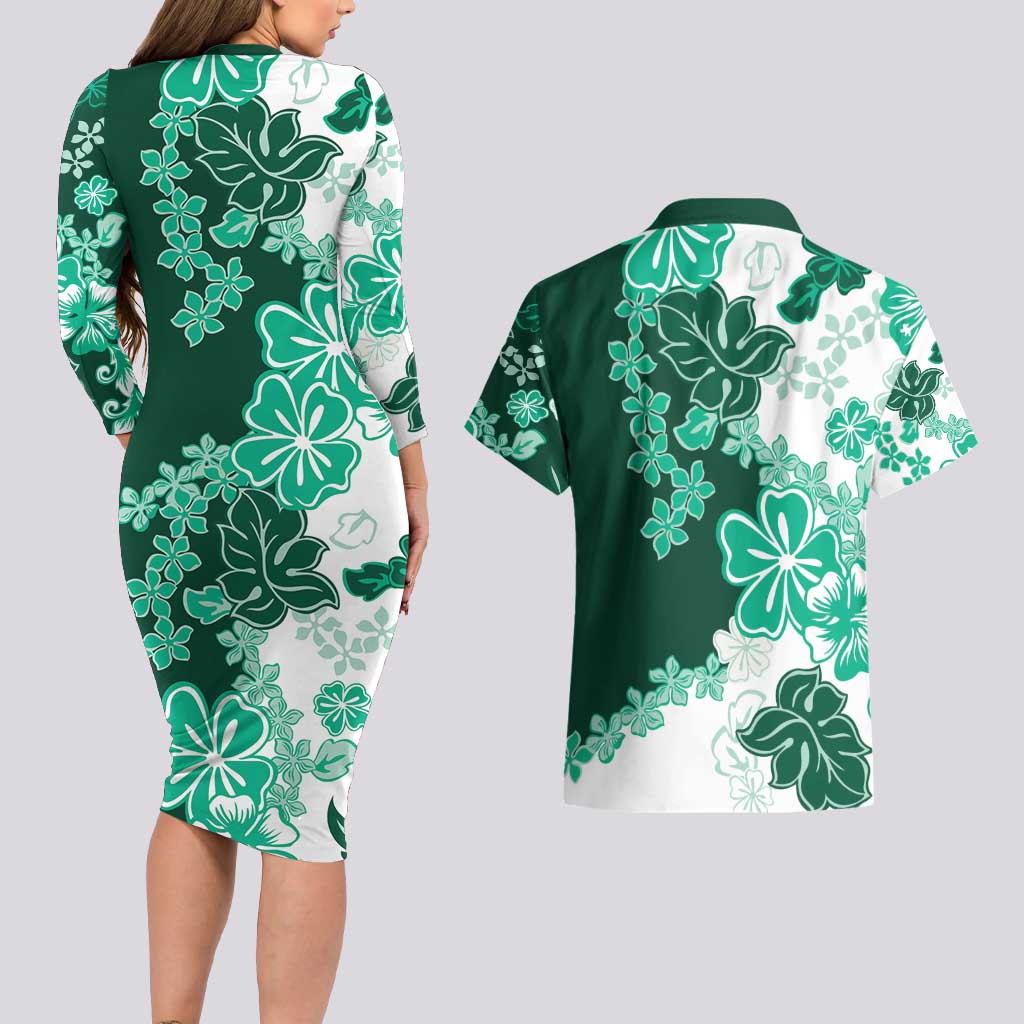 Green Hibiscus Plumeria Floral Couples Matching Long Sleeve Bodycon Dress and Hawaiian Shirt - Polynesian Pride