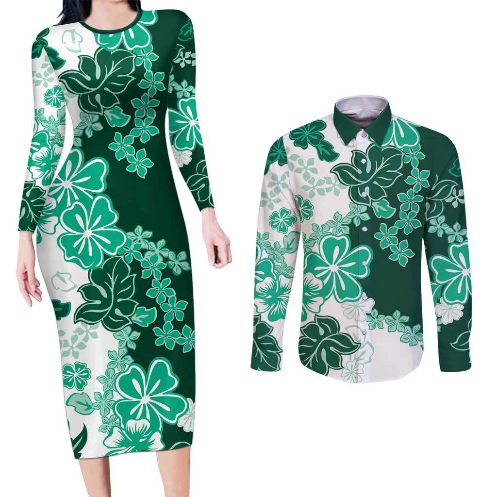 Green Hibiscus Plumeria Floral Couples Matching Long Sleeve Bodycon Dress and Long Sleeve Button Shirt - Polynesian Pride