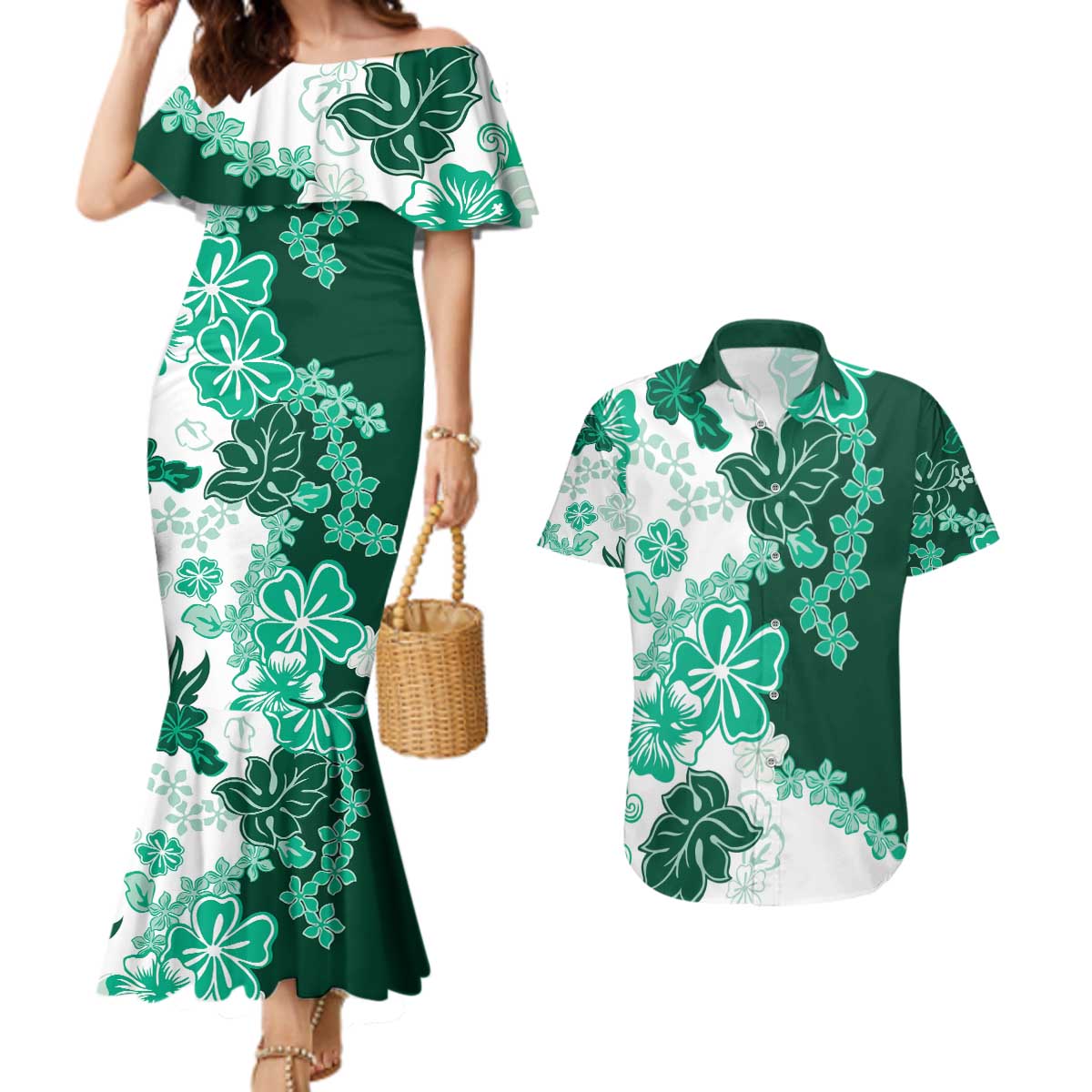 Green Hibiscus Plumeria Floral Couples Matching Mermaid Dress and Hawaiian Shirt - Polynesian Pride