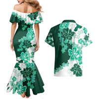 Green Hibiscus Plumeria Floral Couples Matching Mermaid Dress and Hawaiian Shirt - Polynesian Pride
