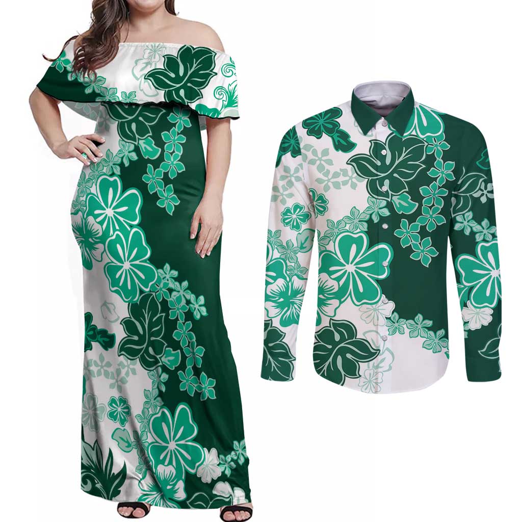 Green Hibiscus Plumeria Floral Couples Matching Off Shoulder Maxi Dress and Long Sleeve Button Shirt - Polynesian Pride