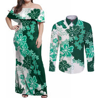 Green Hibiscus Plumeria Floral Couples Matching Off Shoulder Maxi Dress and Long Sleeve Button Shirt - Polynesian Pride