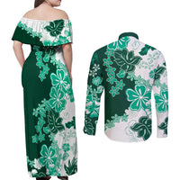 Green Hibiscus Plumeria Floral Couples Matching Off Shoulder Maxi Dress and Long Sleeve Button Shirt - Polynesian Pride