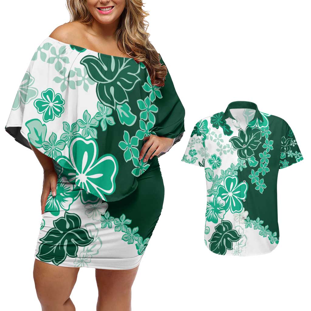 Green Hibiscus Plumeria Floral Couples Matching Off Shoulder Short Dress and Hawaiian Shirt - Polynesian Pride
