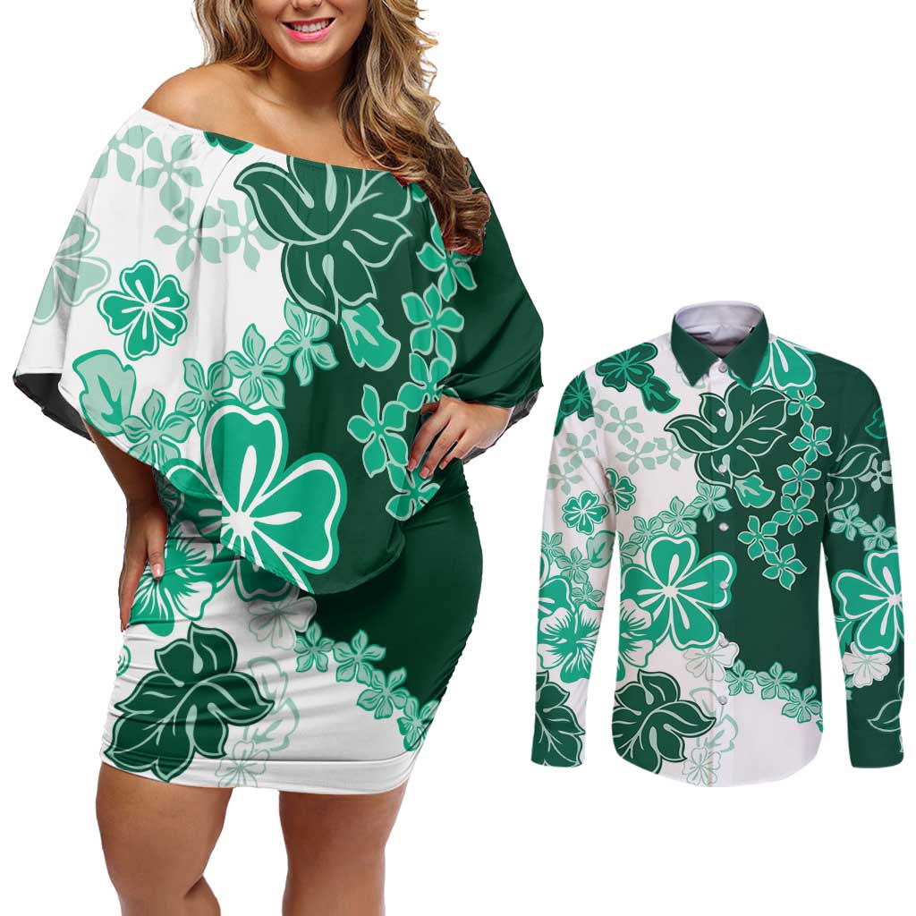 Green Hibiscus Plumeria Floral Couples Matching Off Shoulder Short Dress and Long Sleeve Button Shirt - Polynesian Pride