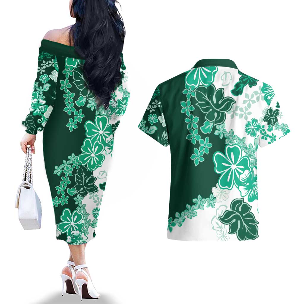 Green Hibiscus Plumeria Floral Couples Matching Off The Shoulder Long Sleeve Dress and Hawaiian Shirt - Polynesian Pride