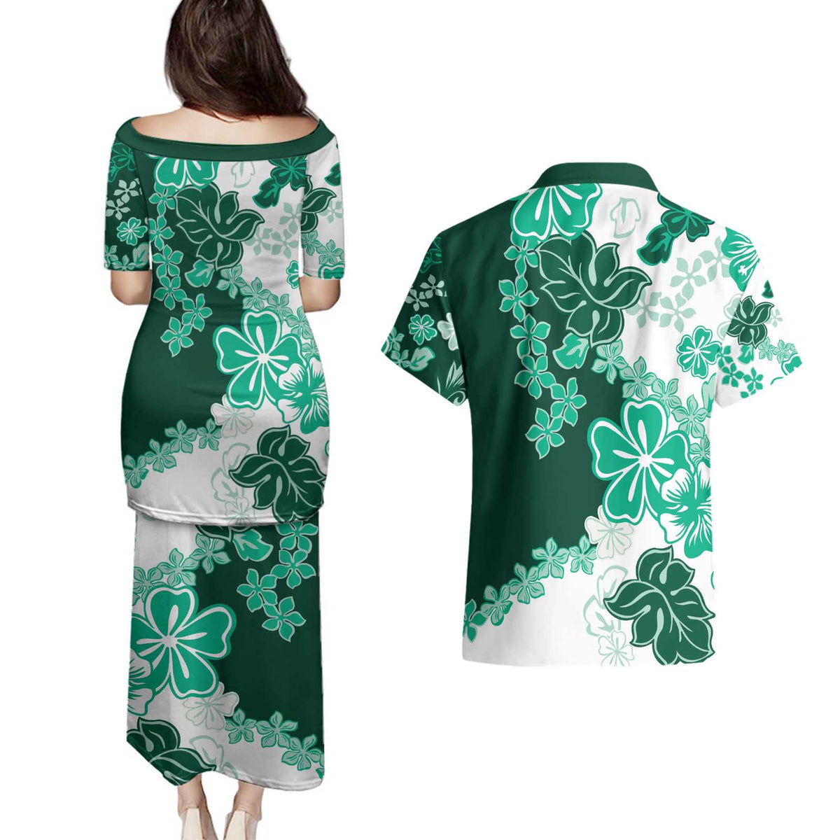 Green Hibiscus Plumeria Floral Couples Matching Puletasi and Hawaiian Shirt - Polynesian Pride