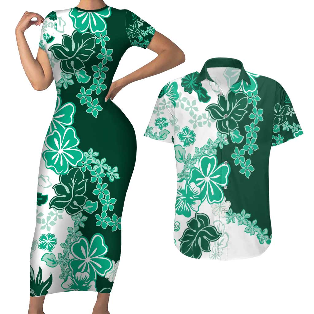 Green Hibiscus Plumeria Floral Couples Matching Short Sleeve Bodycon Dress and Hawaiian Shirt - Polynesian Pride