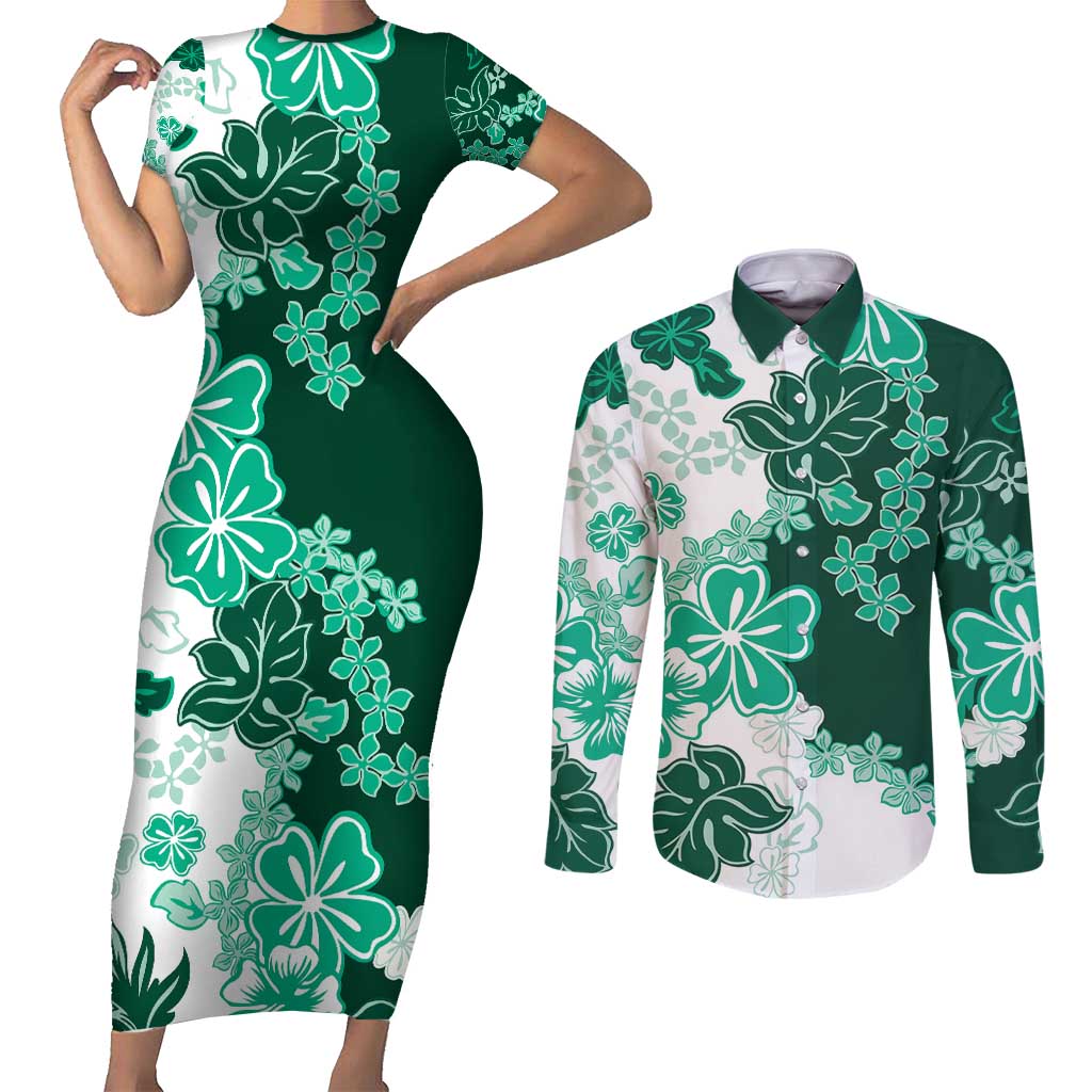 Green Hibiscus Plumeria Floral Couples Matching Short Sleeve Bodycon Dress and Long Sleeve Button Shirt - Polynesian Pride