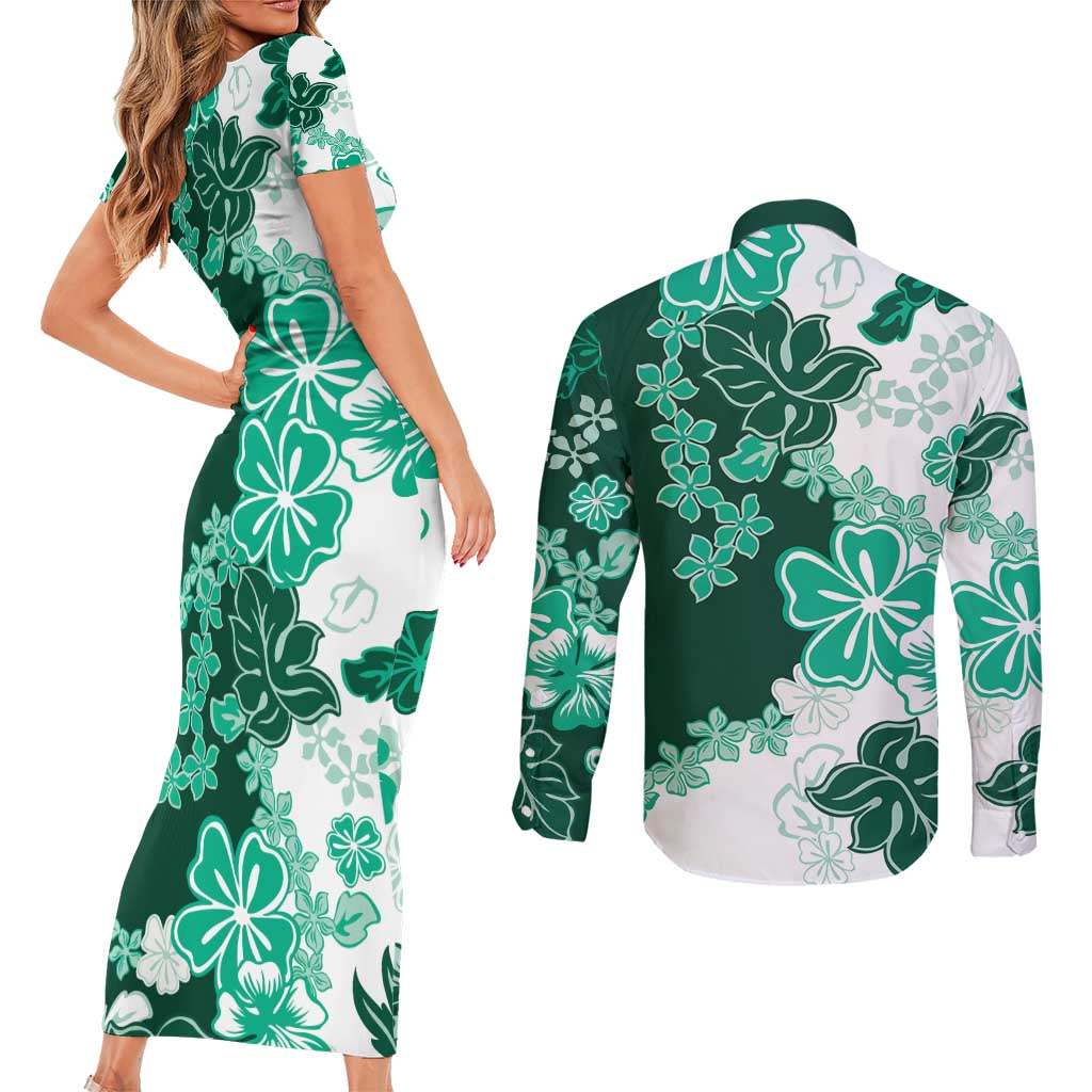 Green Hibiscus Plumeria Floral Couples Matching Short Sleeve Bodycon Dress and Long Sleeve Button Shirt - Polynesian Pride