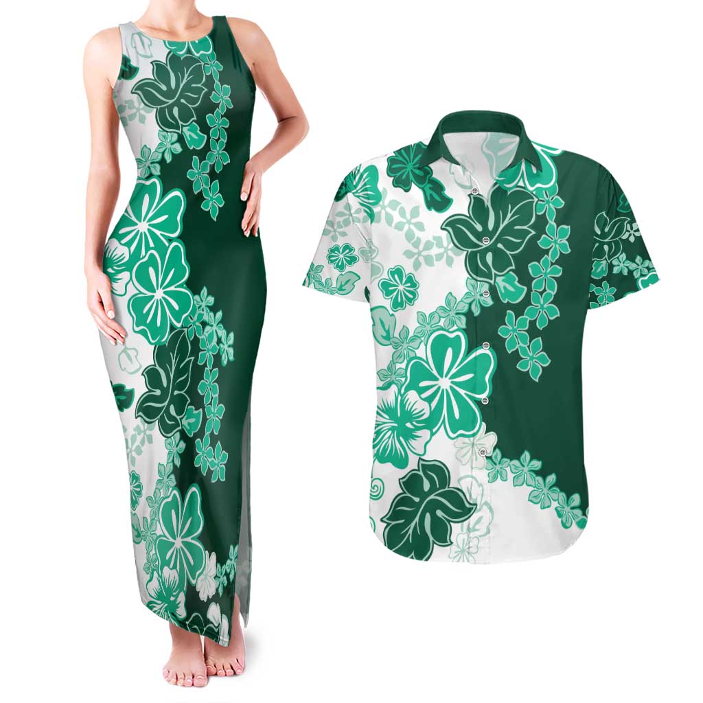 Green Hibiscus Plumeria Floral Couples Matching Tank Maxi Dress and Hawaiian Shirt - Polynesian Pride