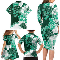 Green Hibiscus Plumeria Floral Family Matching Long Sleeve Bodycon Dress and Hawaiian Shirt LT01 - Polynesian Pride