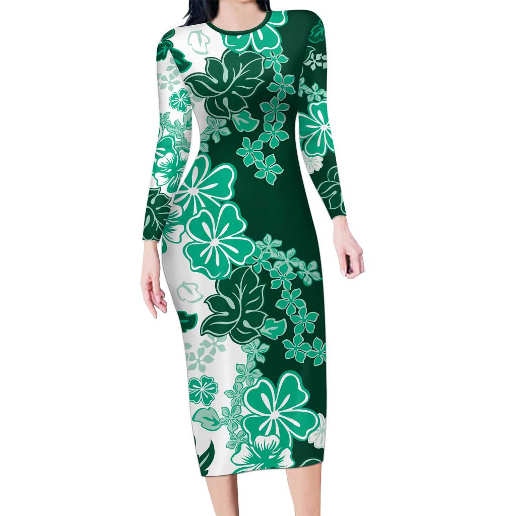 Green Hibiscus Plumeria Floral Family Matching Long Sleeve Bodycon Dress and Hawaiian Shirt LT01 Mom's Dress Green - Polynesian Pride
