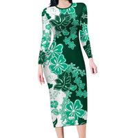 Green Hibiscus Plumeria Floral Family Matching Long Sleeve Bodycon Dress and Hawaiian Shirt LT01 Mom's Dress Green - Polynesian Pride