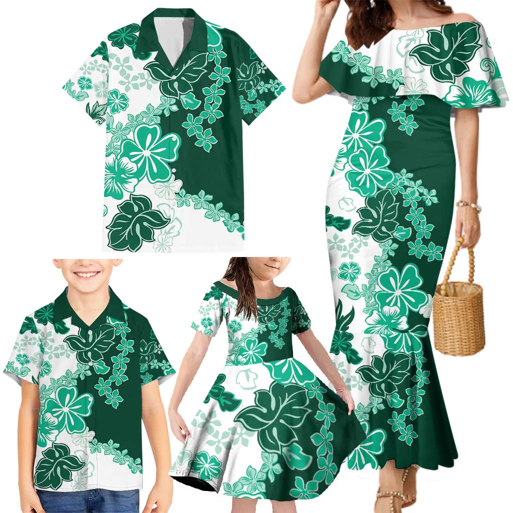Green Hibiscus Plumeria Floral Family Matching Mermaid Dress and Hawaiian Shirt LT01 - Polynesian Pride