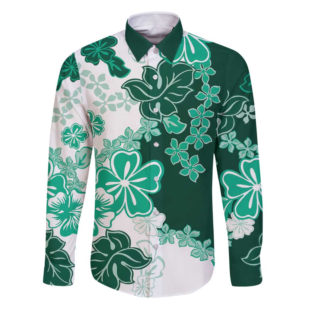 Green Hibiscus Plumeria Floral Family Matching Mermaid Dress and Hawaiian Shirt LT01 Dad's Shirt - Long Sleeve Green - Polynesian Pride