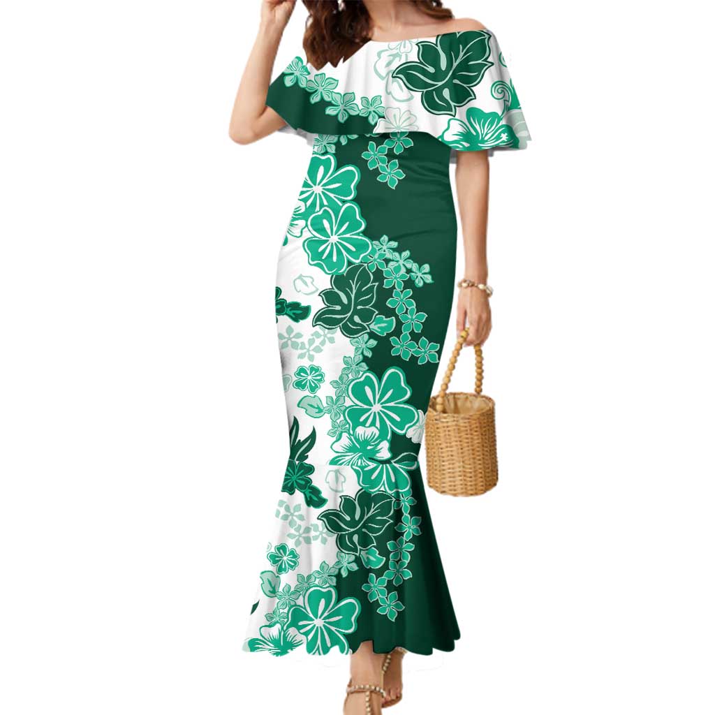 Green Hibiscus Plumeria Floral Family Matching Mermaid Dress and Hawaiian Shirt LT01 Mom's Dress Green - Polynesian Pride